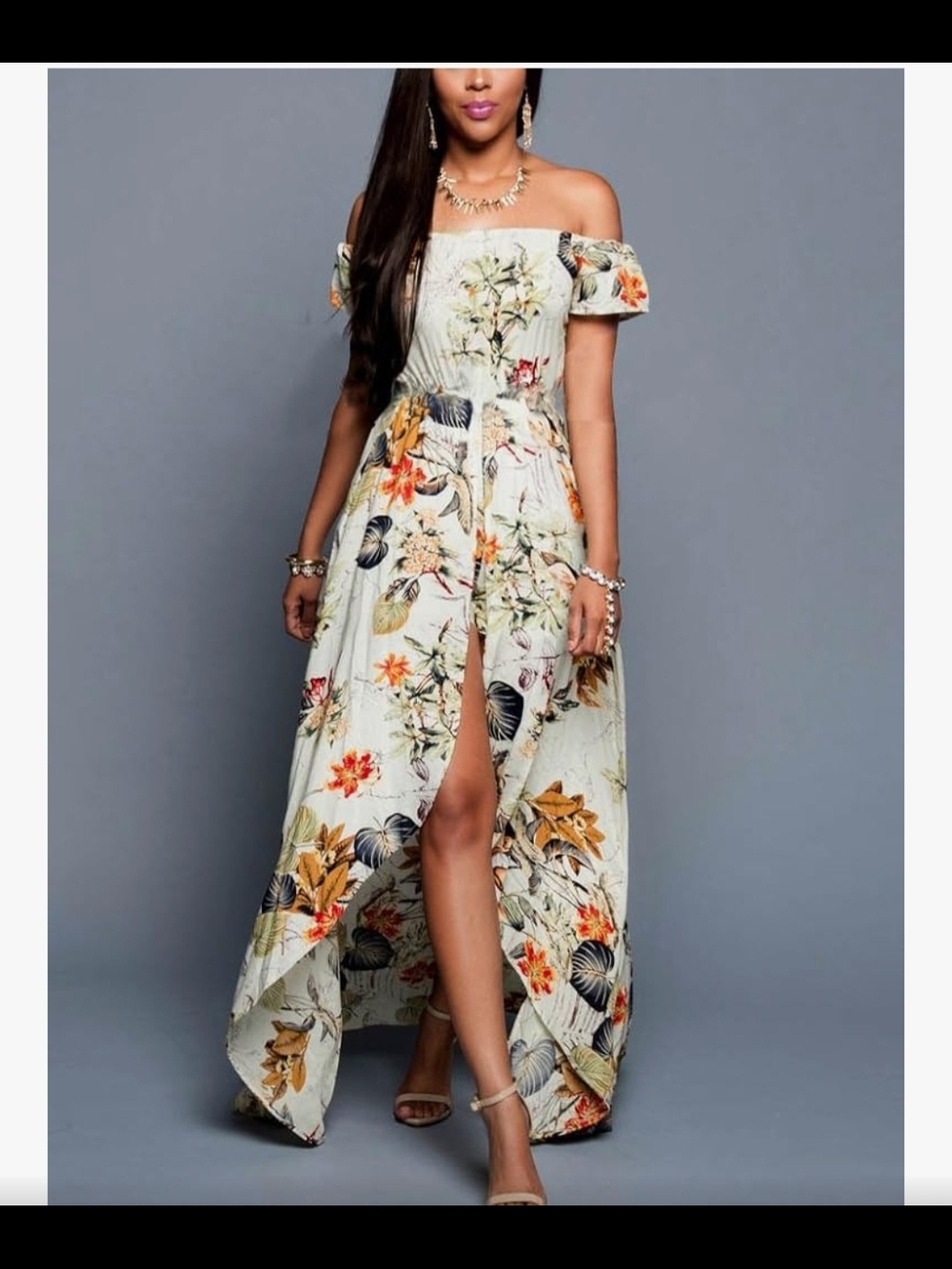 Fashion Nova Off-Shoulder Floral High-Low Maxi Dress - Cream with Orange & Green
